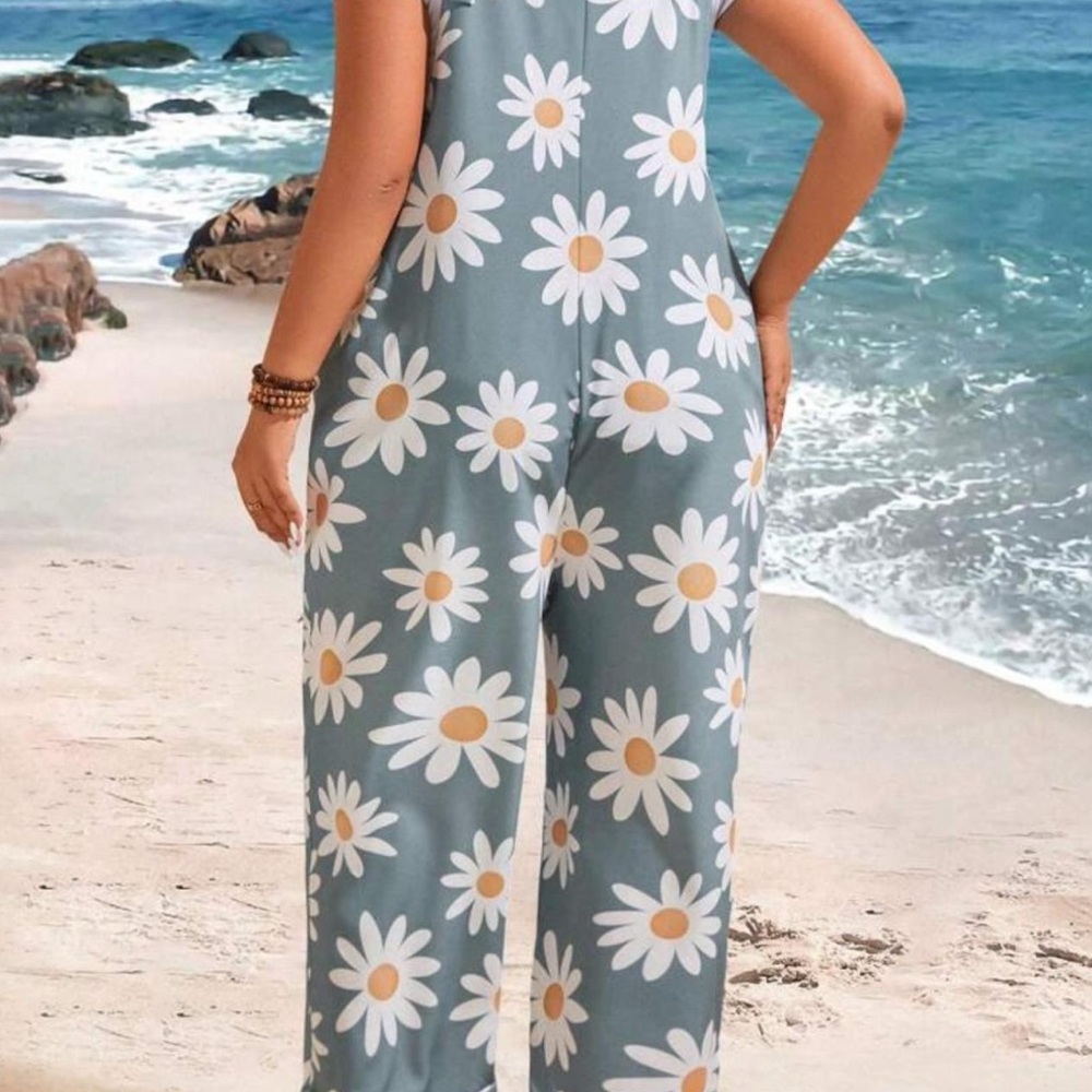 SHEIN Daisy Print Jumpsuit in Blue and White